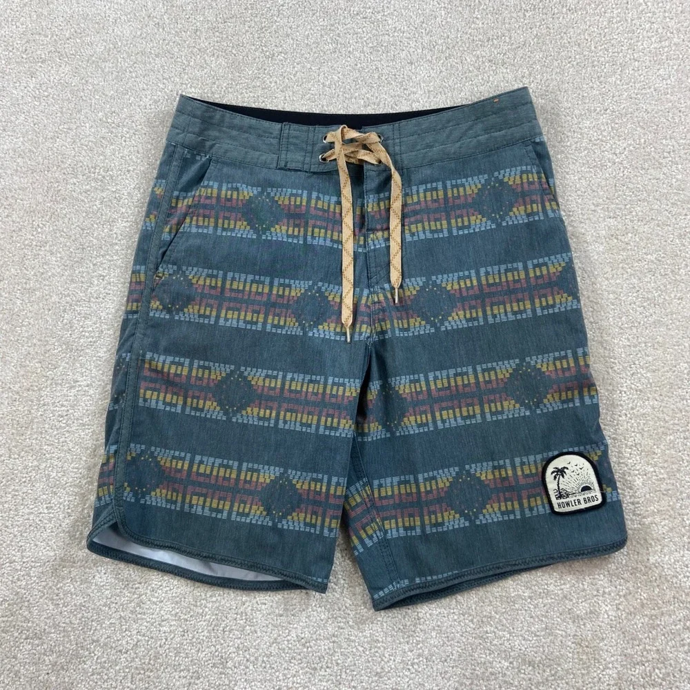 Howler Bros Board Shorts Mens 28 Teal Geometric Southwestern Hybrid Swim Trunks